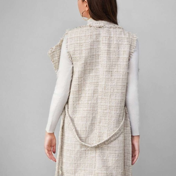 cream waterfall tweed vest jacket fall belt - Picture 5 of 6